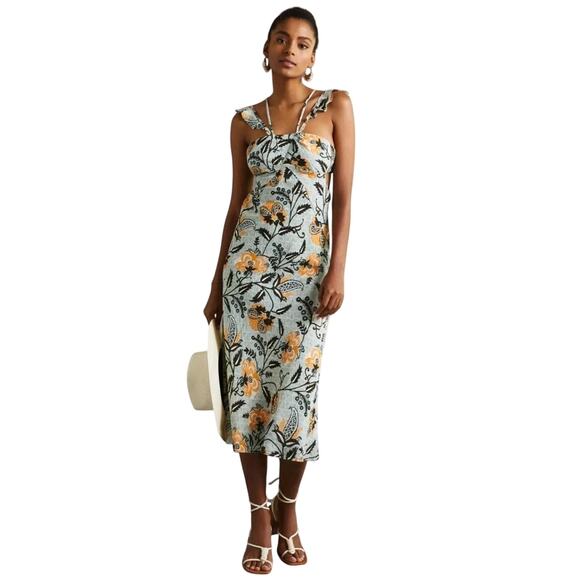 Anthropologie Dresses & Skirts - By Anthropologie Halter/Bra Slim Midi Dress Sz 8 Mint Green Floral Peekaboo Side